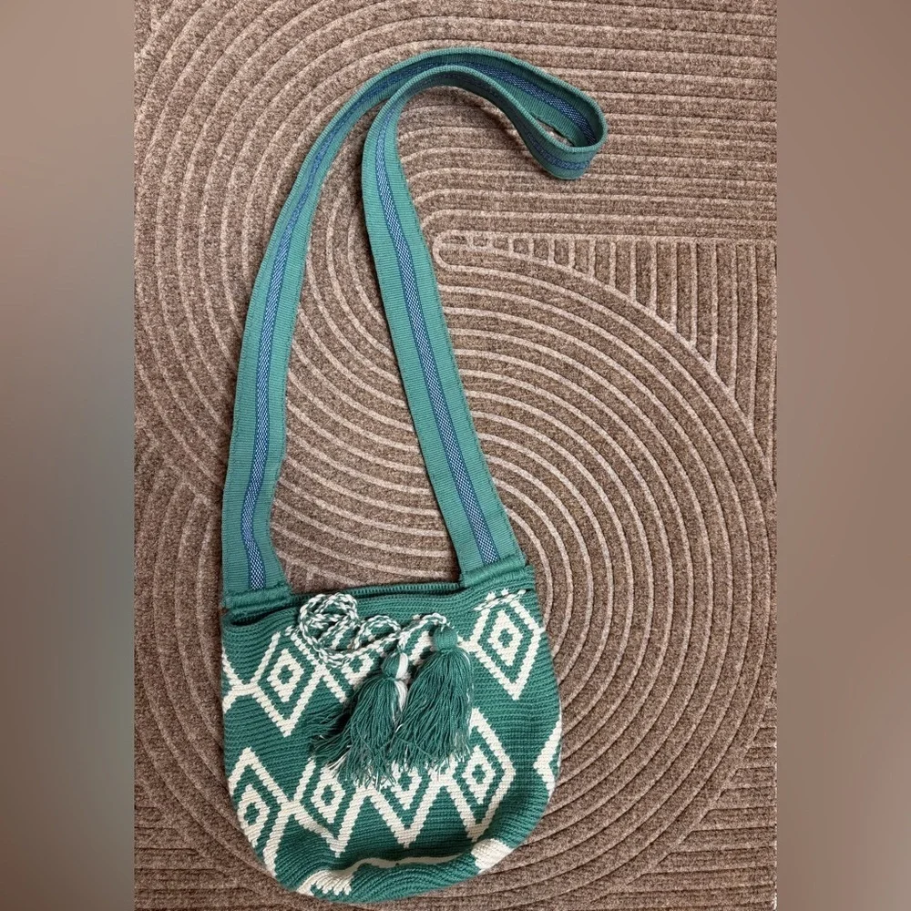 Handmade Bohemian Wayuu Green Small Patterned Women's Woven Boho Bag